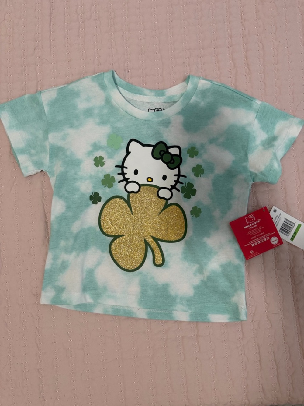 NWT Sanrio Hello Kitty Tie-Dye Tee with Gold Glitter Shamrock